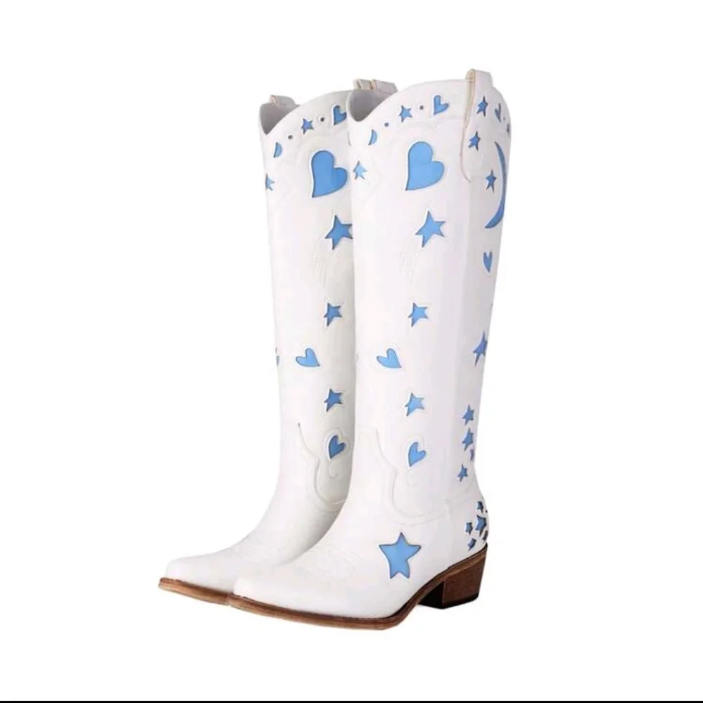NEW KNEE-HI COWBOY BOOTS W/CLASSIC EMBROIDERED STARS MOON HEART LO-HEEL - Picture 2 of 6
